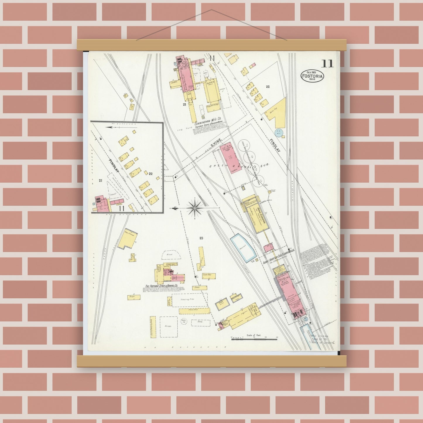 Old map wall art mockup — magnetic wood frame on brick wall — Sanborn Fire Insurance Map from Fostoria, Seneca, Hancock, And Wood Counties, Ohio (1901), Sheet #0011