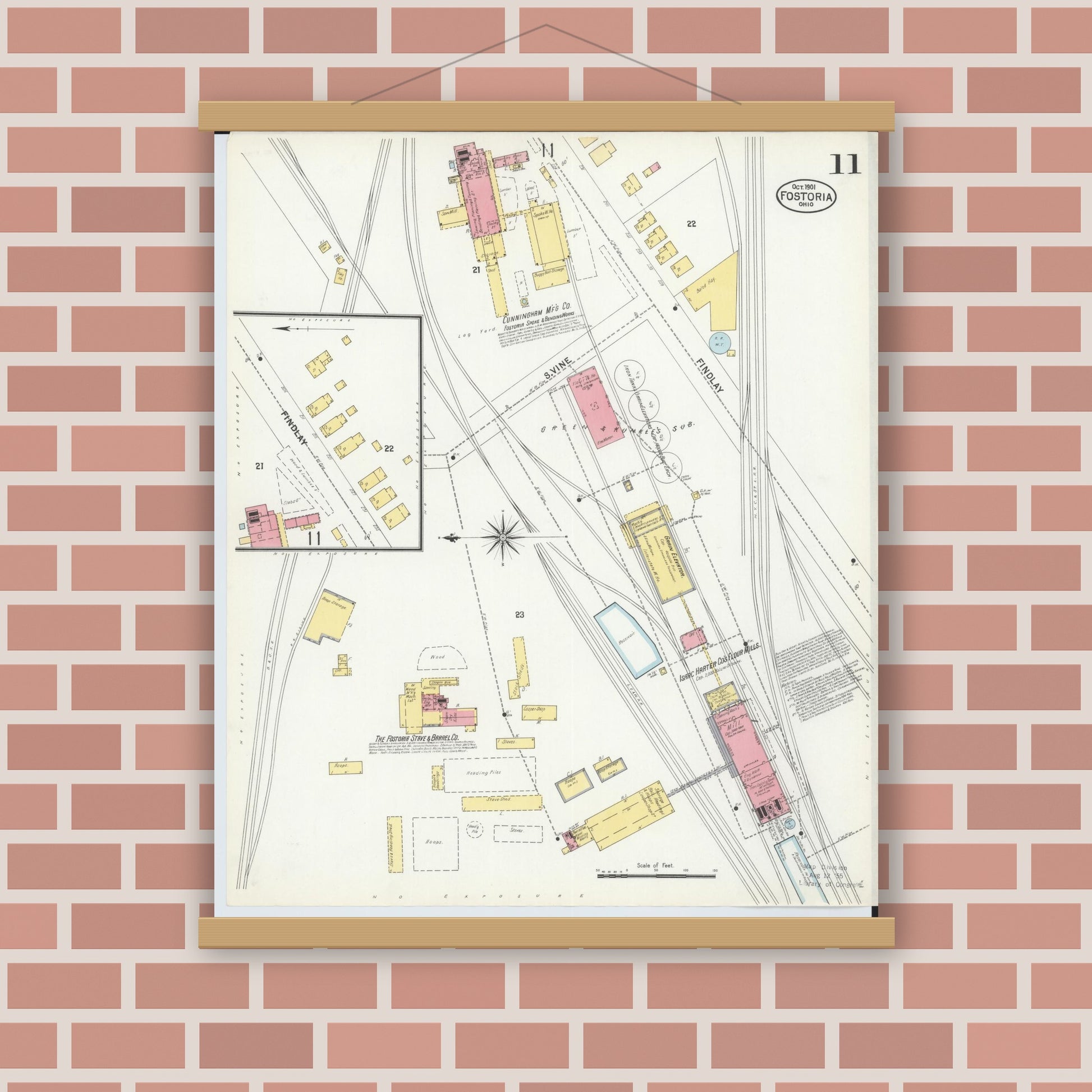 Old map wall art mockup — magnetic wood frame on brick wall — Sanborn Fire Insurance Map from Fostoria, Seneca, Hancock, And Wood Counties, Ohio (1901), Sheet #0011