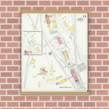 Old map wall art mockup — magnetic wood frame on brick wall — Sanborn Fire Insurance Map from Fostoria, Seneca, Hancock, And Wood Counties, Ohio (1901), Sheet #0011