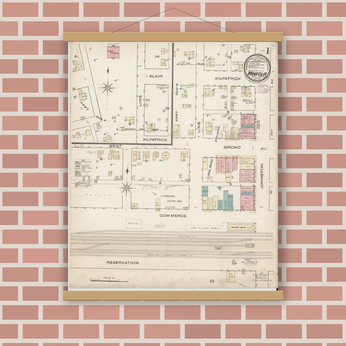Old map wall art mockup — magnetic wood frame on brick wall — Sanborn Fire Insurance Map from Mineola, Wood County, Texas (1885), Sheet #0001