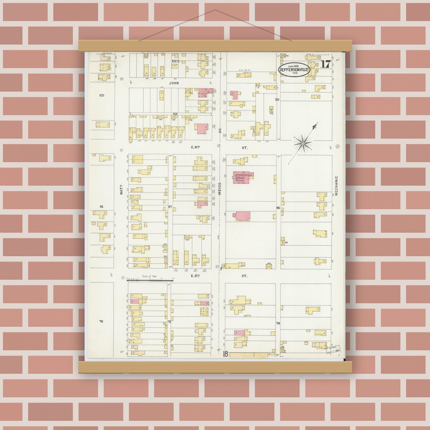 Old map wall art mockup — magnetic wood frame on brick wall — Sanborn Fire Insurance Map from Jeffersonville, Clark County, Indiana (1898), Sheet #0017