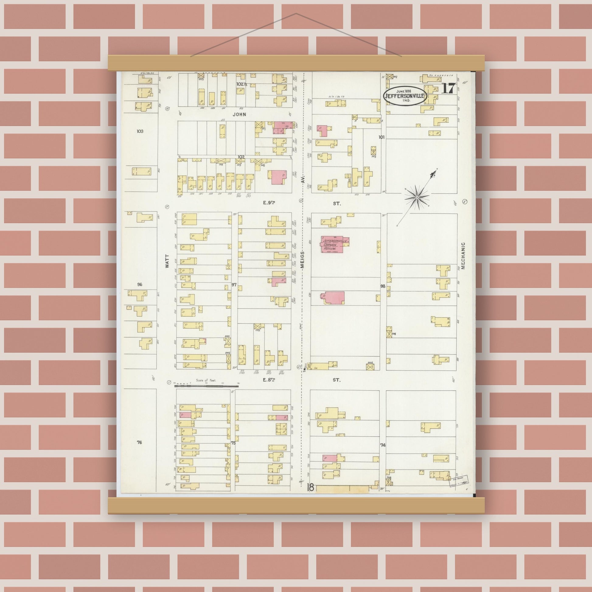 Old map wall art mockup — magnetic wood frame on brick wall — Sanborn Fire Insurance Map from Jeffersonville, Clark County, Indiana (1898), Sheet #0017