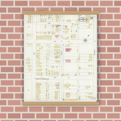 Old map wall art mockup — magnetic wood frame on brick wall — Sanborn Fire Insurance Map from Jeffersonville, Clark County, Indiana (1898), Sheet #0017