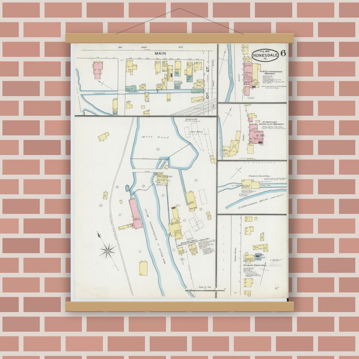 Old map wall art mockup — magnetic wood frame on brick wall — Sanborn Fire Insurance Map from Honesdale, Wayne County, Pennsylvania (1892), Sheet #0006