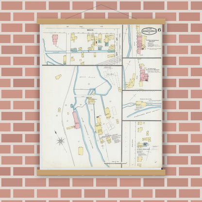 Old map wall art mockup — magnetic wood frame on brick wall — Sanborn Fire Insurance Map from Honesdale, Wayne County, Pennsylvania (1892), Sheet #0006
