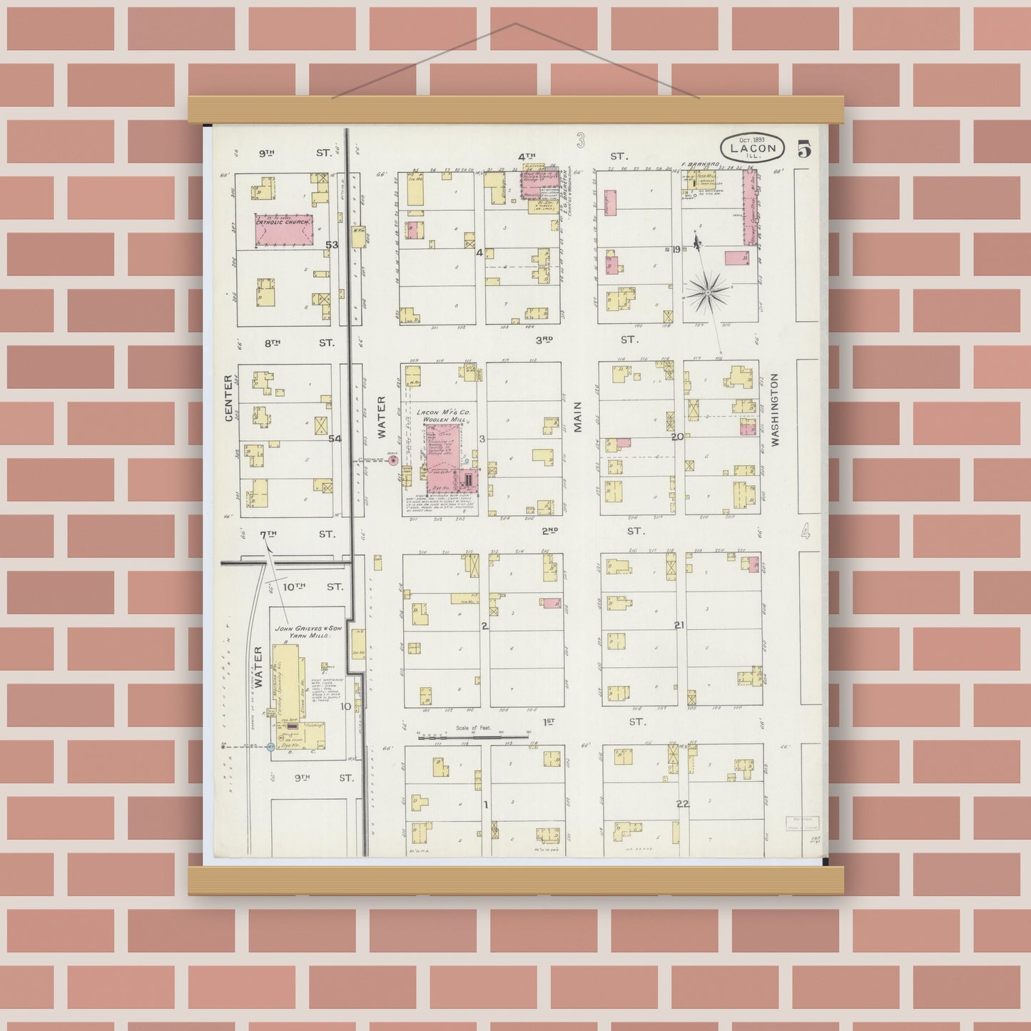 Old map wall art mockup — magnetic wood frame on brick wall — Sanborn Fire Insurance Map from Lacon, Marshall County, Illinois (1893), Sheet #0005