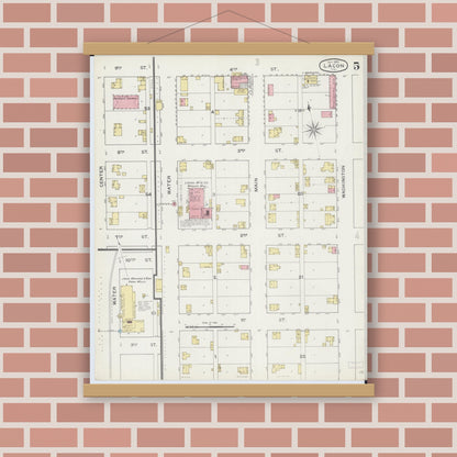 Old map wall art mockup — magnetic wood frame on brick wall — Sanborn Fire Insurance Map from Lacon, Marshall County, Illinois (1893), Sheet #0005