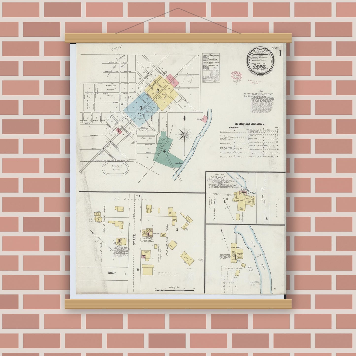 Old map wall art mockup — magnetic wood frame on brick wall — Sanborn Fire Insurance Map from Caro, Tuscola County, Michigan (1895) - Complete Map Set