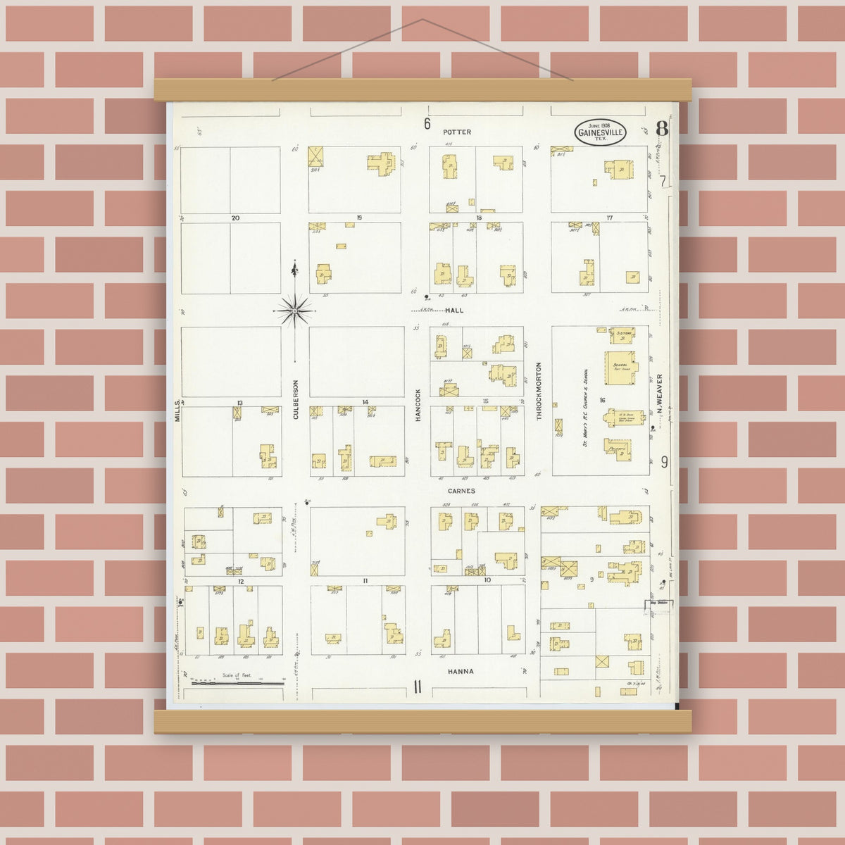 Old map wall art mockup — magnetic wood frame on brick wall — Sanborn Fire Insurance Map from Gainesville, Cooke County, Texas (1908), Sheet #0008