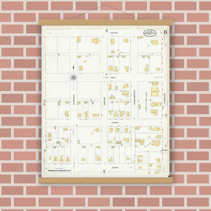 Old map wall art mockup — magnetic wood frame on brick wall — Sanborn Fire Insurance Map from Gainesville, Cooke County, Texas (1908), Sheet #0008