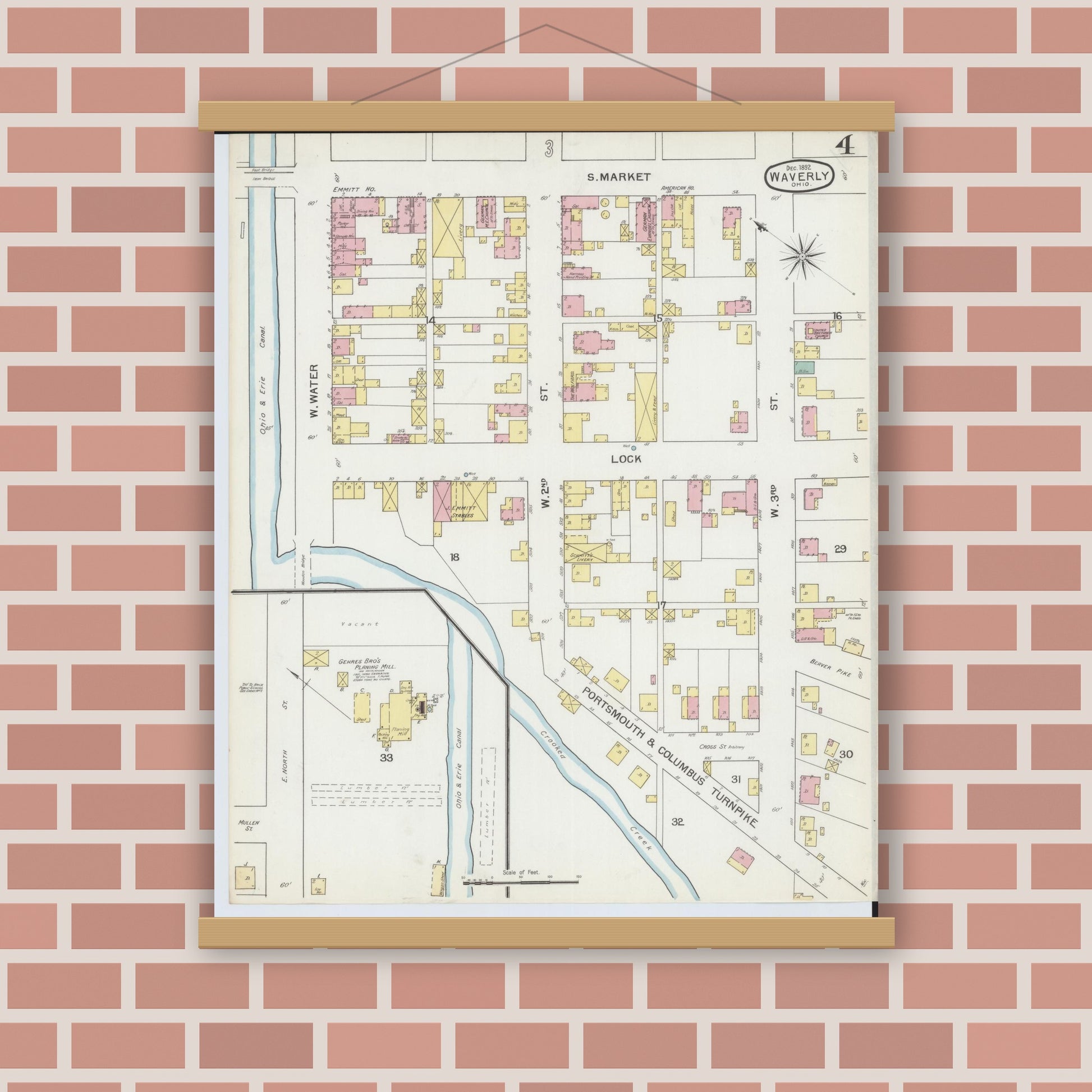 Old map wall art mockup — magnetic wood frame on brick wall — Sanborn Fire Insurance Map from Waverly, Pike County, Ohio (1892), Sheet #0004