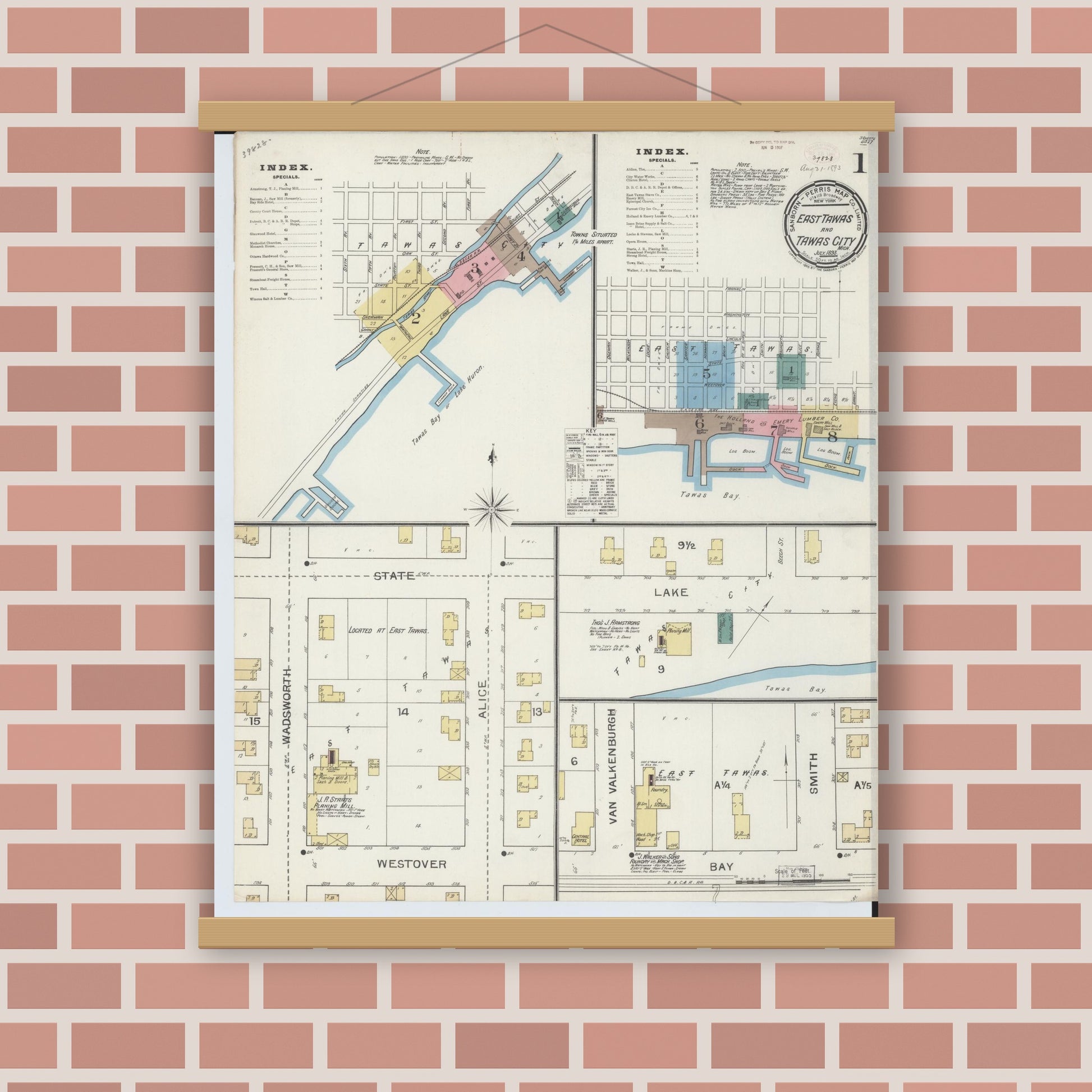 Old map wall art mockup — magnetic wood frame on brick wall — Sanborn Fire Insurance Map from East Tawas, Iosco County, Michigan (1893) - Complete Map Set