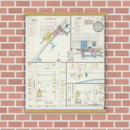 Old map wall art mockup — magnetic wood frame on brick wall — Sanborn Fire Insurance Map from East Tawas, Iosco County, Michigan (1893) - Complete Map Set