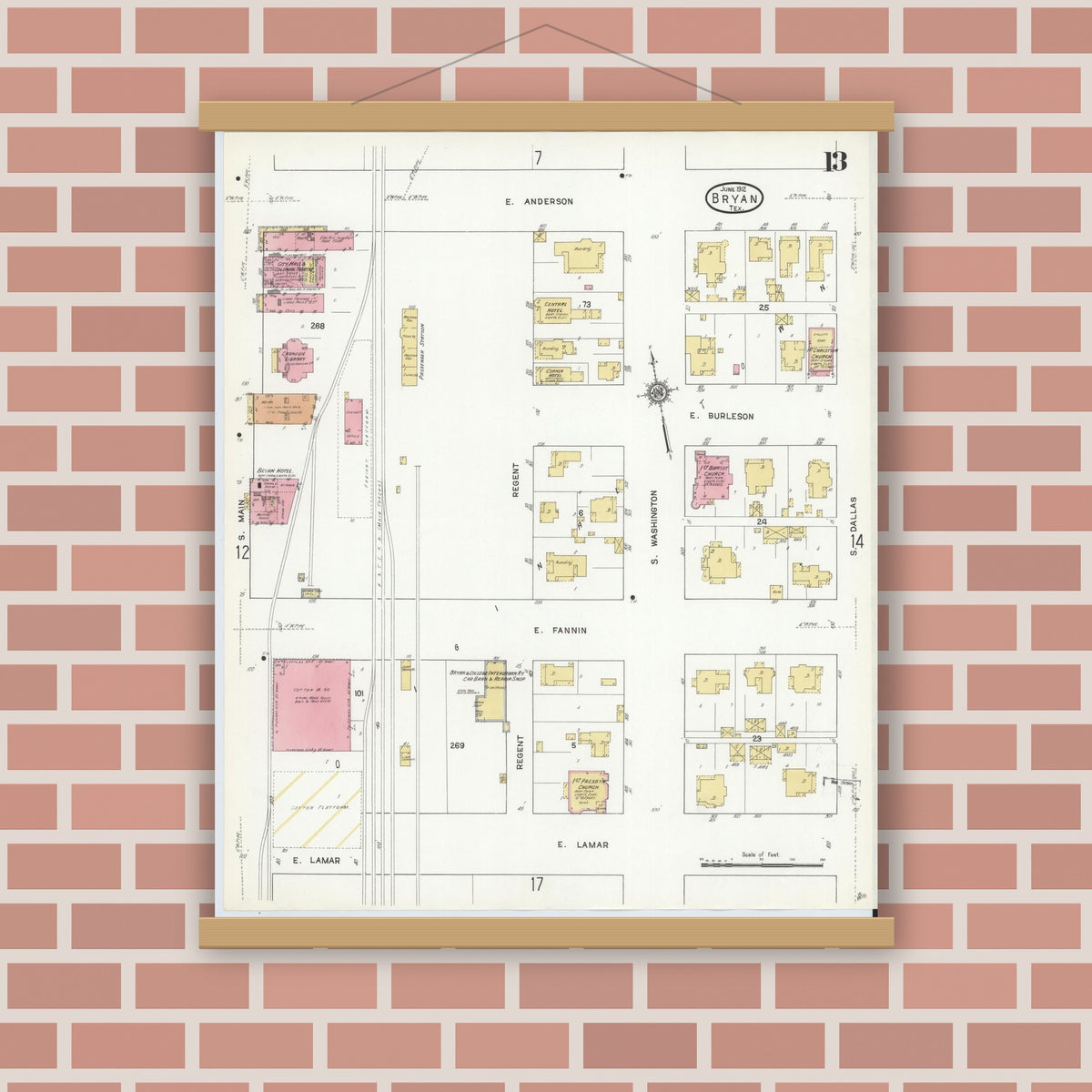 Old map wall art mockup — magnetic wood frame on brick wall — Sanborn Fire Insurance Map from Bryan, Brazos County, Texas (1912), Sheet #0013