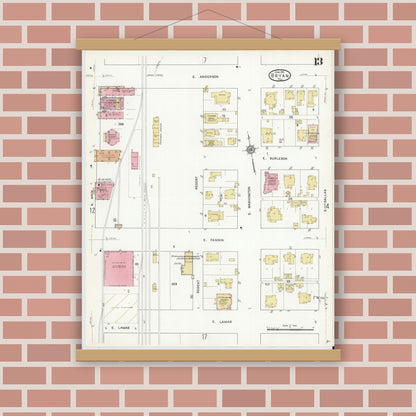 Old map wall art mockup — magnetic wood frame on brick wall — Sanborn Fire Insurance Map from Bryan, Brazos County, Texas (1912), Sheet #0013
