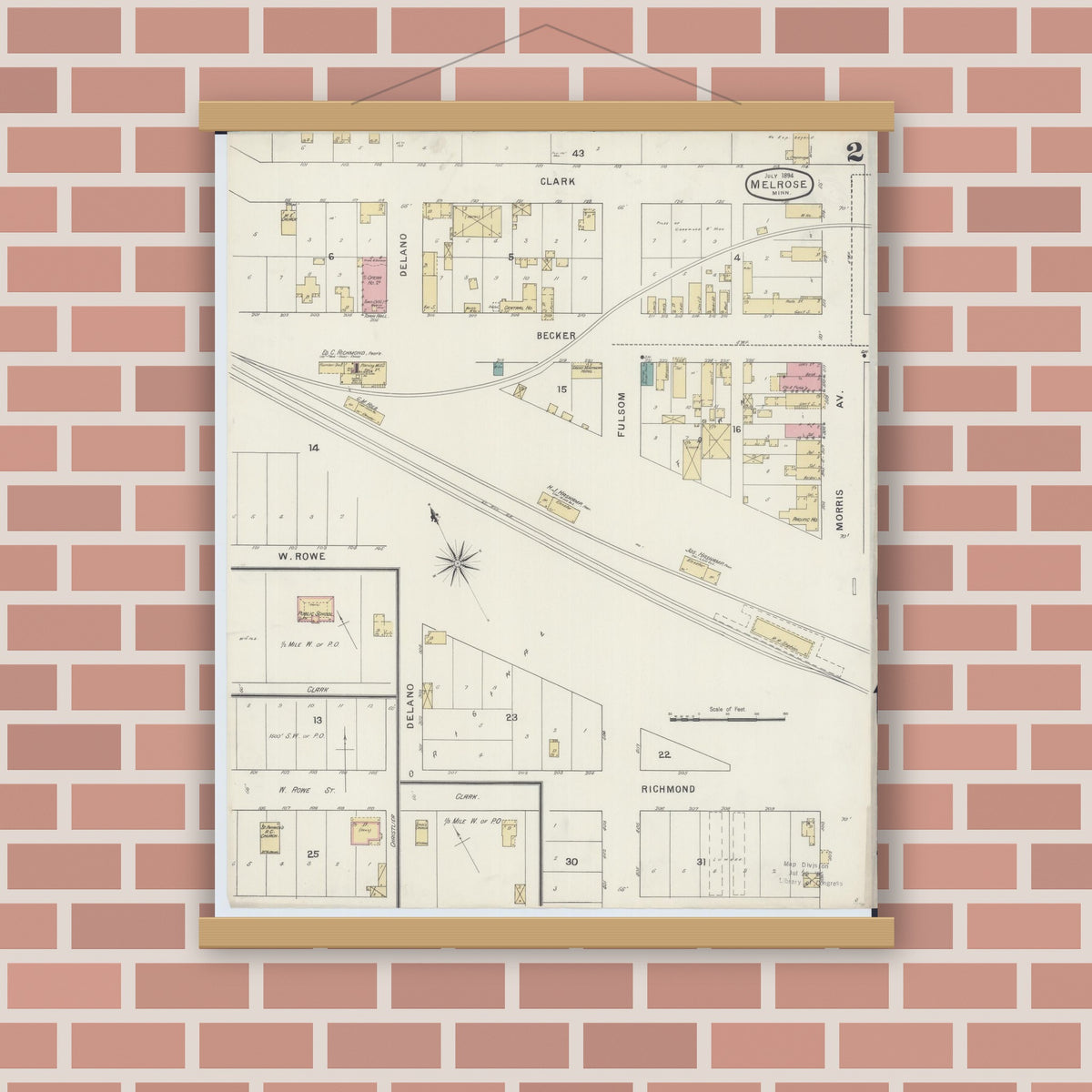 Old map wall art mockup — magnetic wood frame on brick wall — Sanborn Fire Insurance Map from Melrose, Stearns County, Minnesota (1894), Sheet #0002