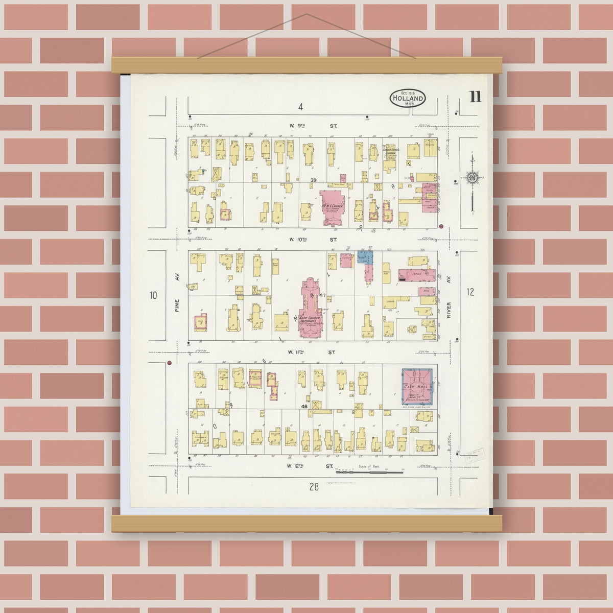 Old map wall art mockup — magnetic wood frame on brick wall — Sanborn Fire Insurance Map from Holland, Ottawa County, Michigan (1916), Sheet #0011