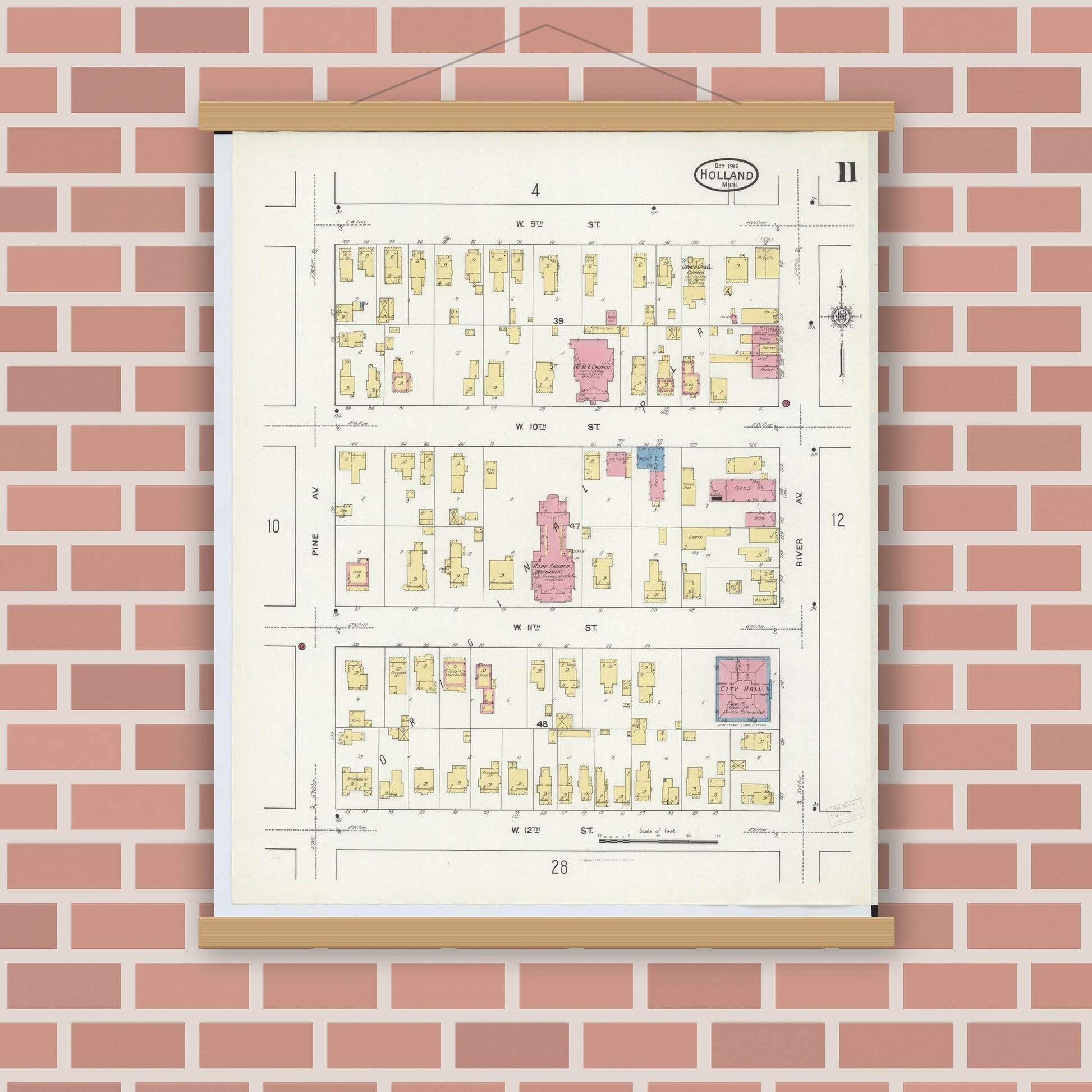 Old map wall art mockup — magnetic wood frame on brick wall — Sanborn Fire Insurance Map from Holland, Ottawa County, Michigan (1916), Sheet #0011