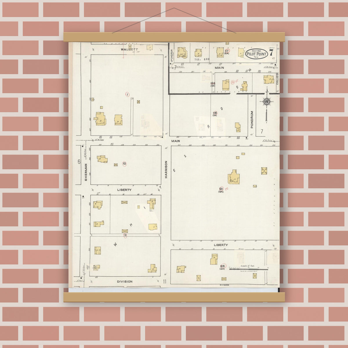 Old map wall art mockup — magnetic wood frame on brick wall — Sanborn Fire Insurance Map from Pilot Point, Denton County, Texas (1940), Sheet #0007