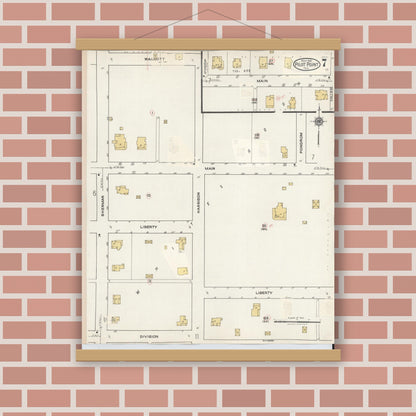 Old map wall art mockup — magnetic wood frame on brick wall — Sanborn Fire Insurance Map from Pilot Point, Denton County, Texas (1940), Sheet #0007