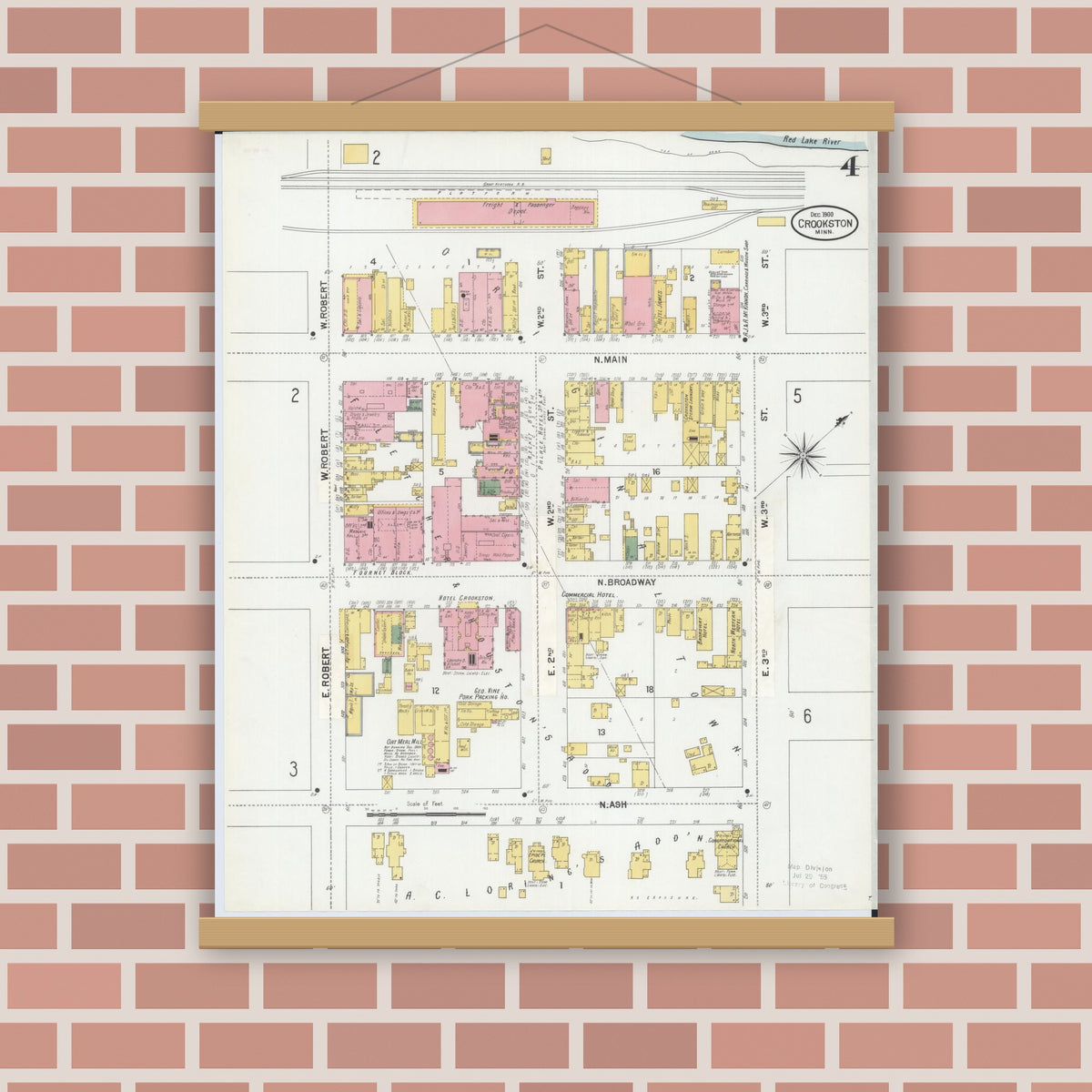 Old map wall art mockup — magnetic wood frame on brick wall — Sanborn Fire Insurance Map from Crookston, Polk County, Minnesota (1900), Sheet #0004