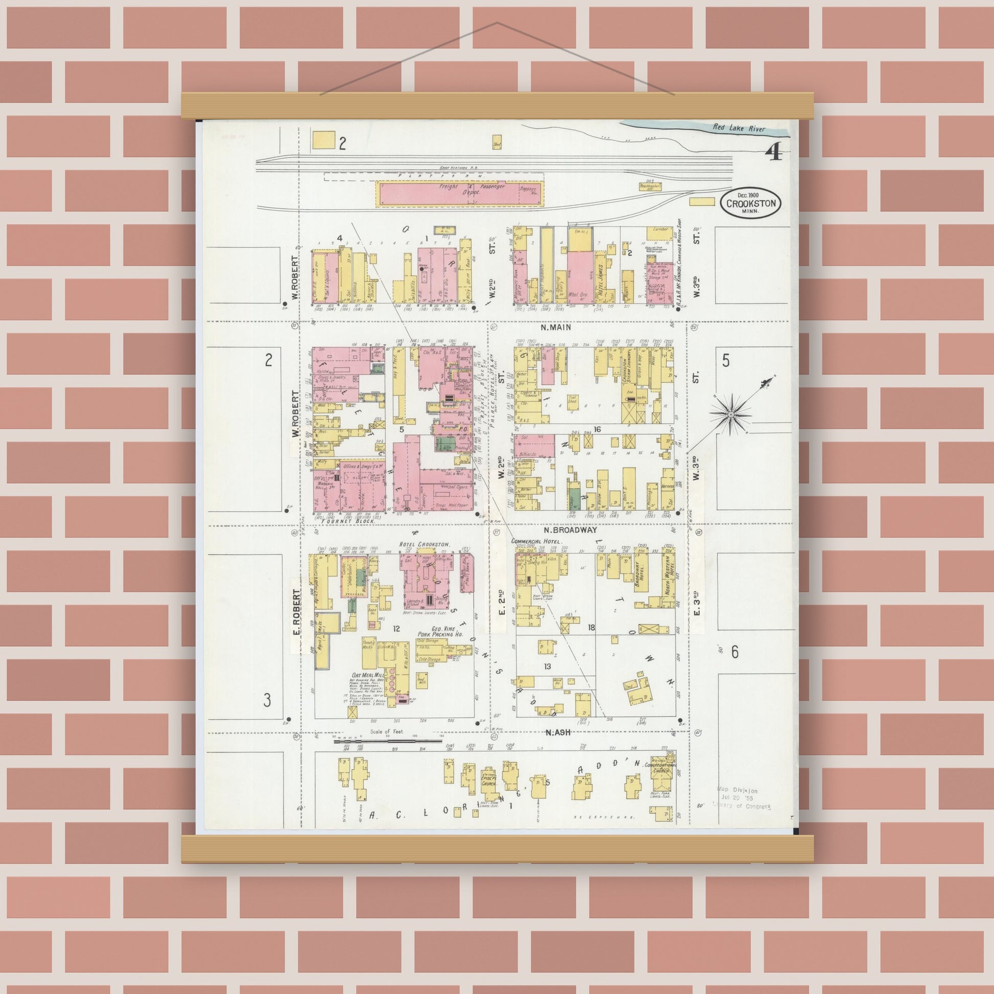 Old map wall art mockup — magnetic wood frame on brick wall — Sanborn Fire Insurance Map from Crookston, Polk County, Minnesota (1900), Sheet #0004