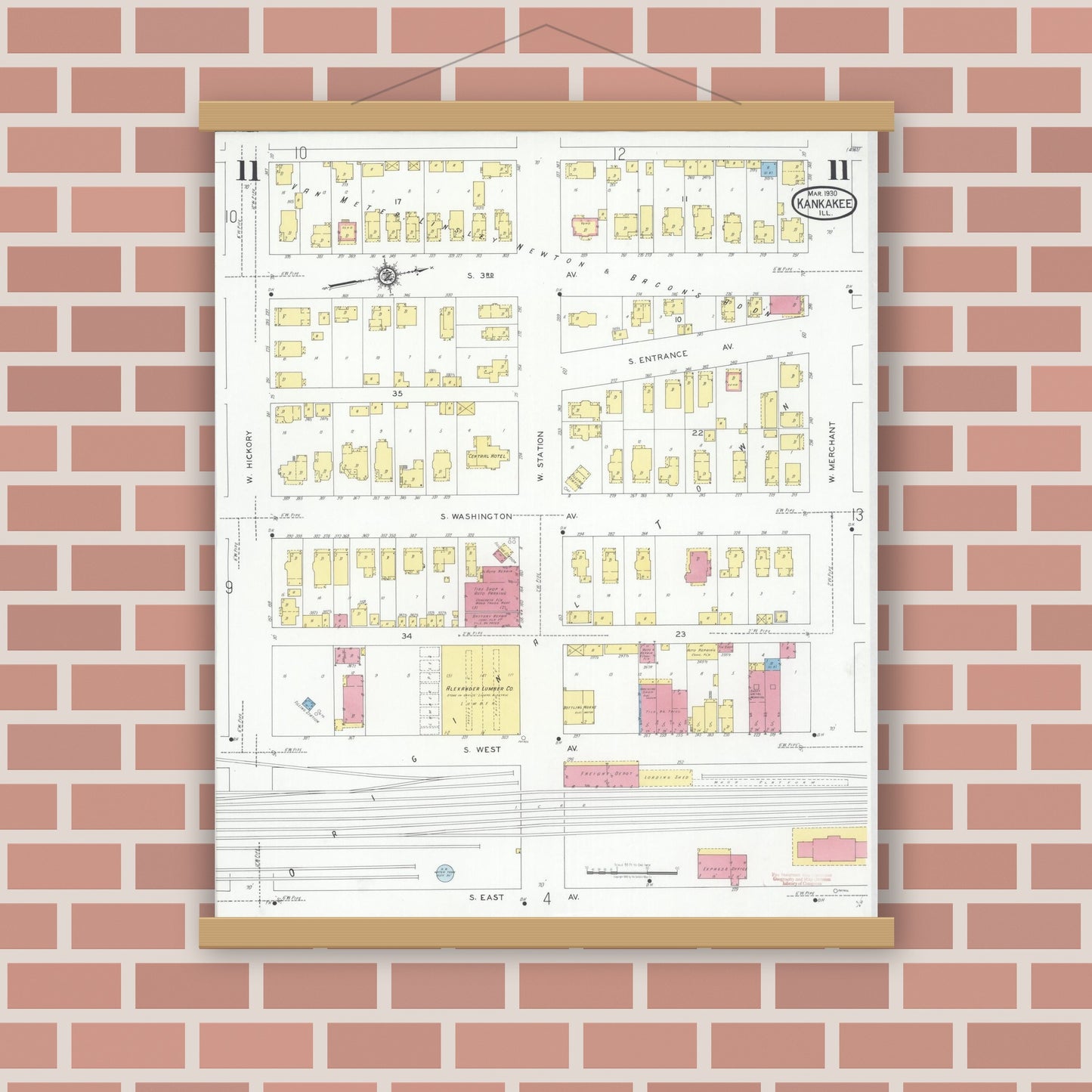 Old map wall art mockup — magnetic wood frame on brick wall — Sanborn Fire Insurance Map from Kankakee, Kankakee County, Illinois (1930), Sheet #0011