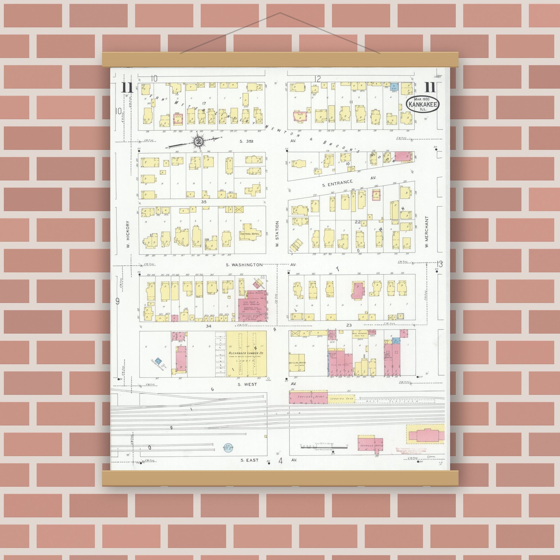 Old map wall art mockup — magnetic wood frame on brick wall — Sanborn Fire Insurance Map from Kankakee, Kankakee County, Illinois (1930), Sheet #0011