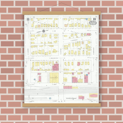 Old map wall art mockup — magnetic wood frame on brick wall — Sanborn Fire Insurance Map from Kankakee, Kankakee County, Illinois (1930), Sheet #0011