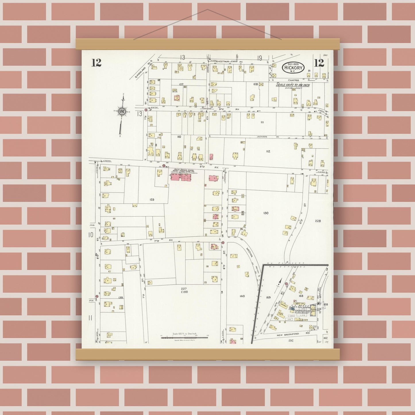 Old map wall art mockup — magnetic wood frame on brick wall — Sanborn Fire Insurance Map from Hickory, Catawba County, North Carolina (1925), Sheet #0012
