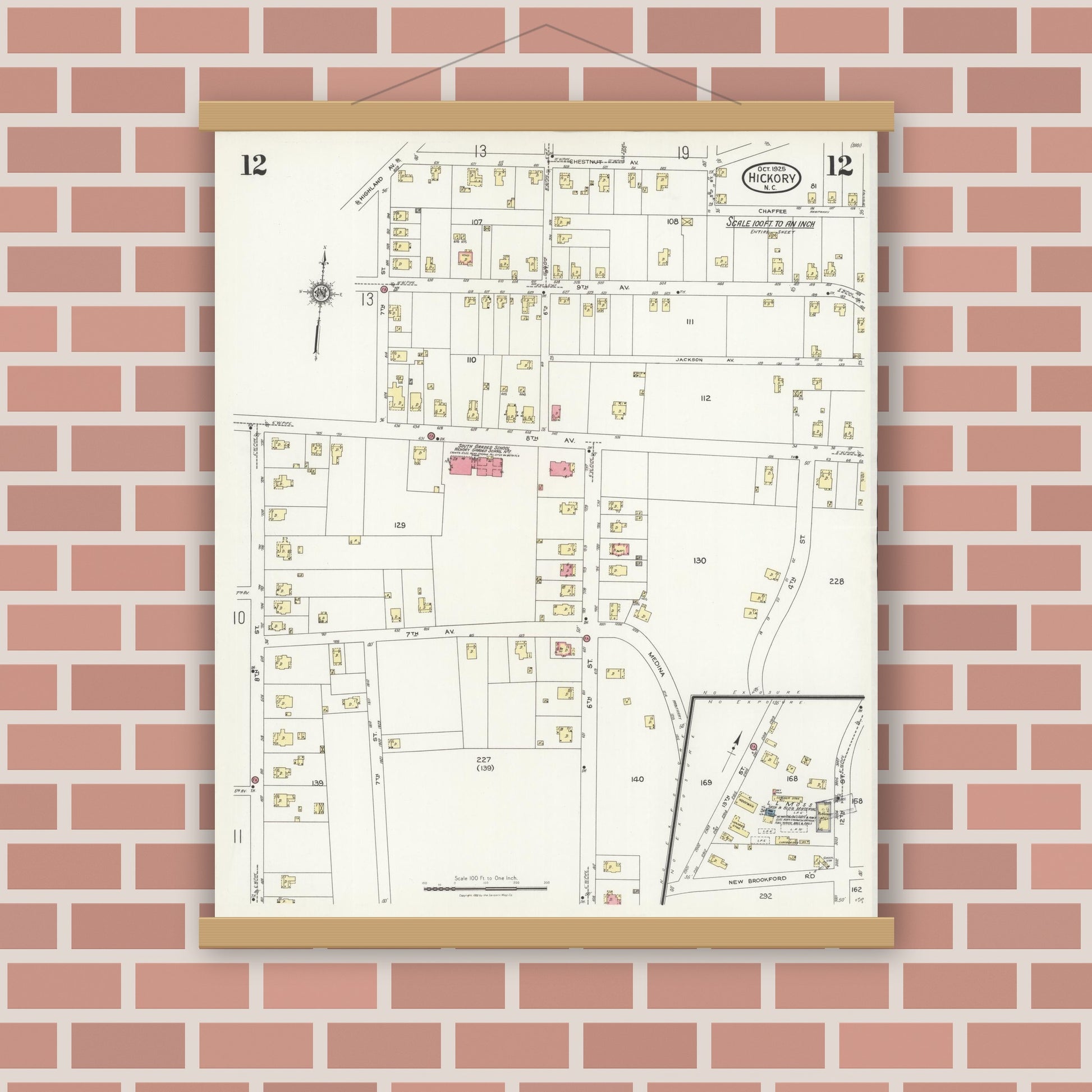 Old map wall art mockup — magnetic wood frame on brick wall — Sanborn Fire Insurance Map from Hickory, Catawba County, North Carolina (1925), Sheet #0012