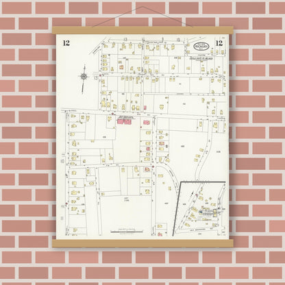 Old map wall art mockup — magnetic wood frame on brick wall — Sanborn Fire Insurance Map from Hickory, Catawba County, North Carolina (1925), Sheet #0012