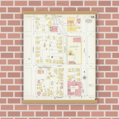 Old map wall art mockup — magnetic wood frame on brick wall — Sanborn Fire Insurance Map from Raleigh, Wake County, North Carolina (1903), Sheet #0013