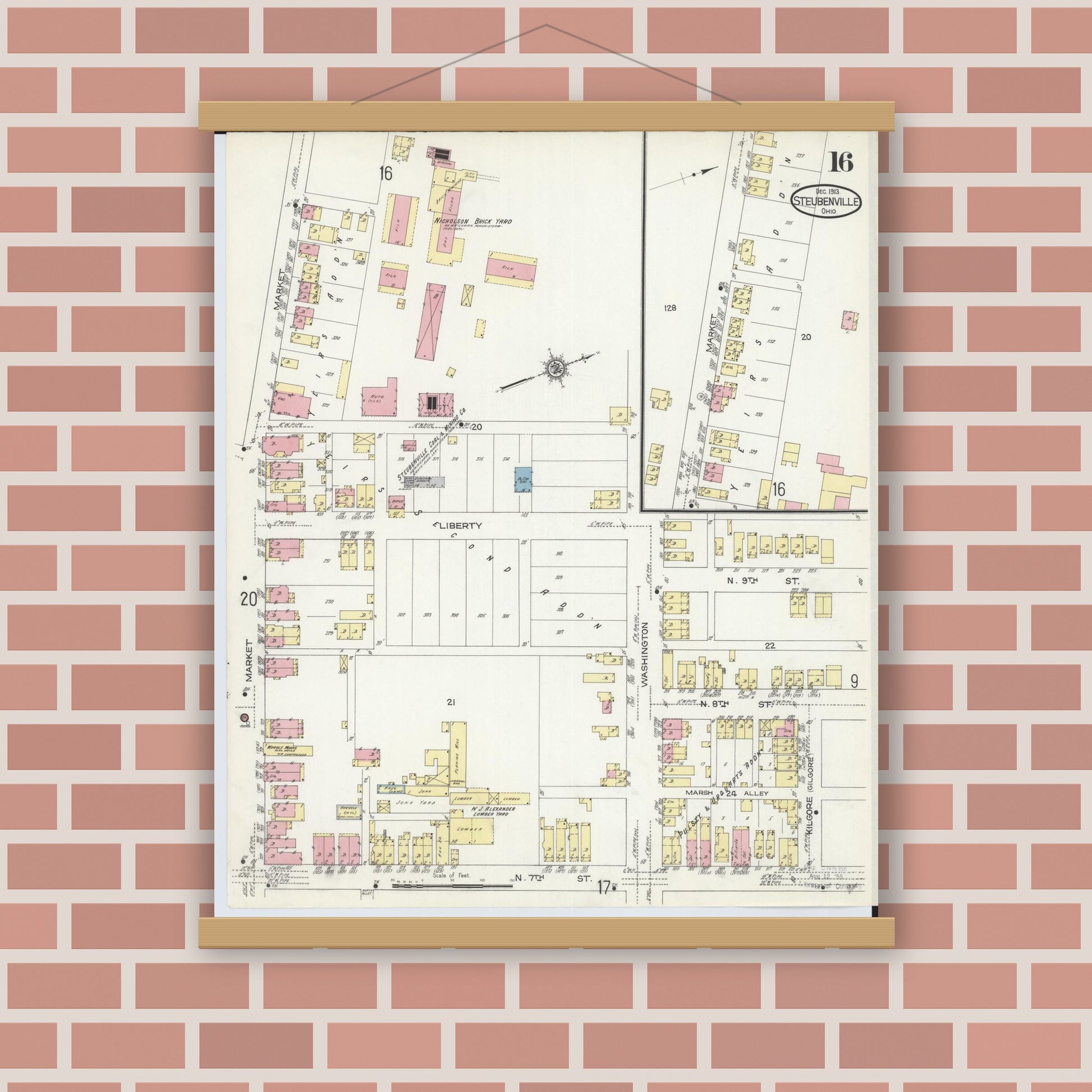 Old map wall art mockup — magnetic wood frame on brick wall — Sanborn Fire Insurance Map from Steubenville, Jefferson County, Ohio (1913), Sheet #0016
