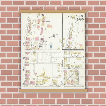 Old map wall art mockup — magnetic wood frame on brick wall — Sanborn Fire Insurance Map from Steubenville, Jefferson County, Ohio (1913), Sheet #0016
