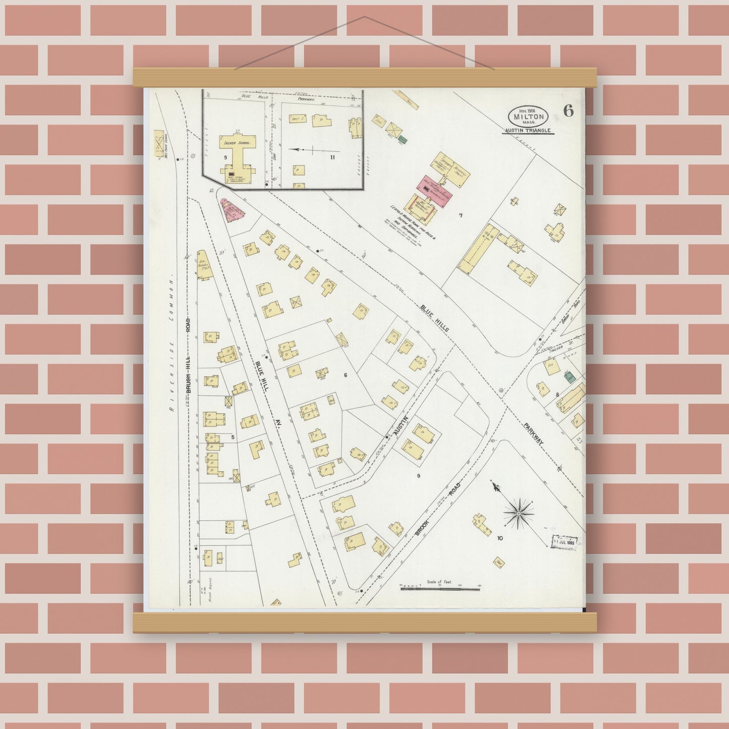 Old map wall art mockup — magnetic wood frame on brick wall — Sanborn Fire Insurance Map from Milton, Norfolk County, Massachusetts (1906), Sheet #0006