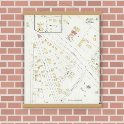 Old map wall art mockup — magnetic wood frame on brick wall — Sanborn Fire Insurance Map from Milton, Norfolk County, Massachusetts (1906), Sheet #0006