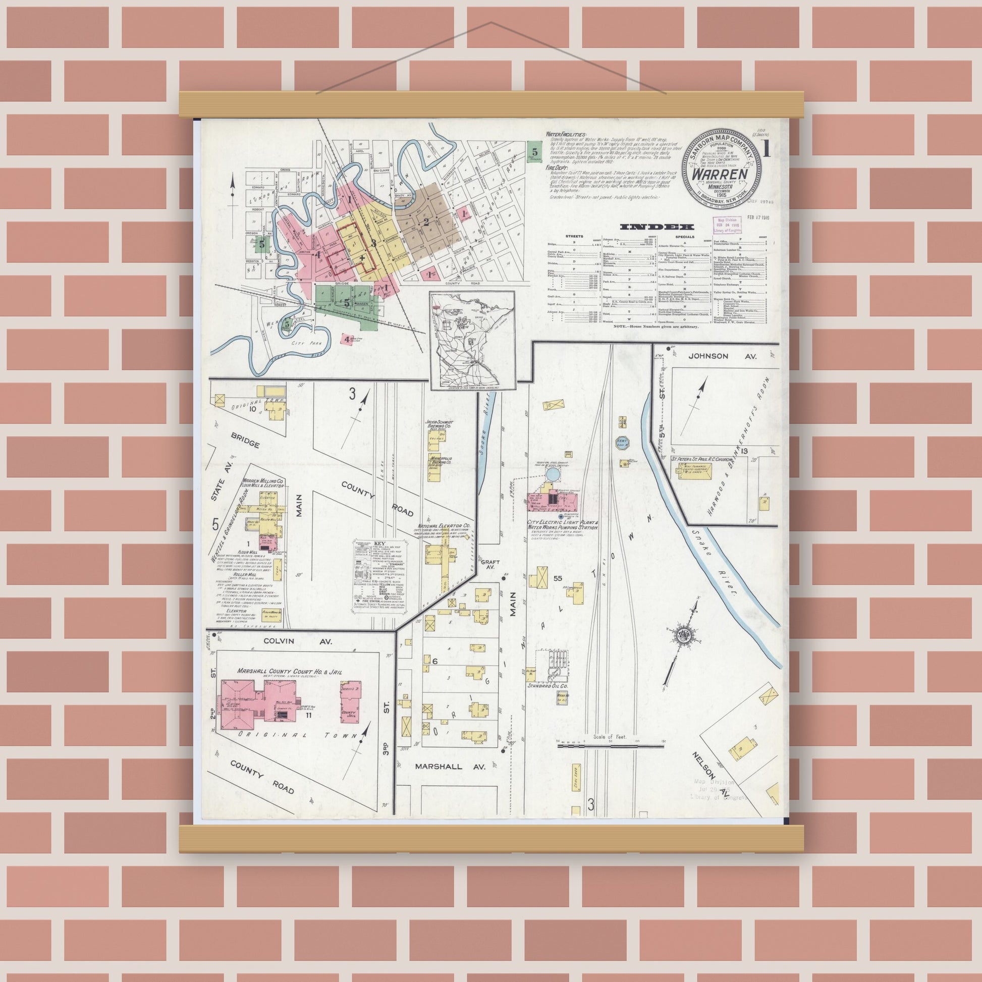 Old map wall art mockup — magnetic wood frame on brick wall — Sanborn Fire Insurance Map from Warren, Marshall County, Minnesota (1915) - Complete Map Set