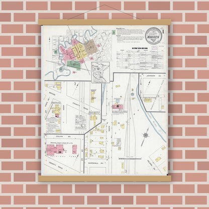 Old map wall art mockup — magnetic wood frame on brick wall — Sanborn Fire Insurance Map from Warren, Marshall County, Minnesota (1915) - Complete Map Set