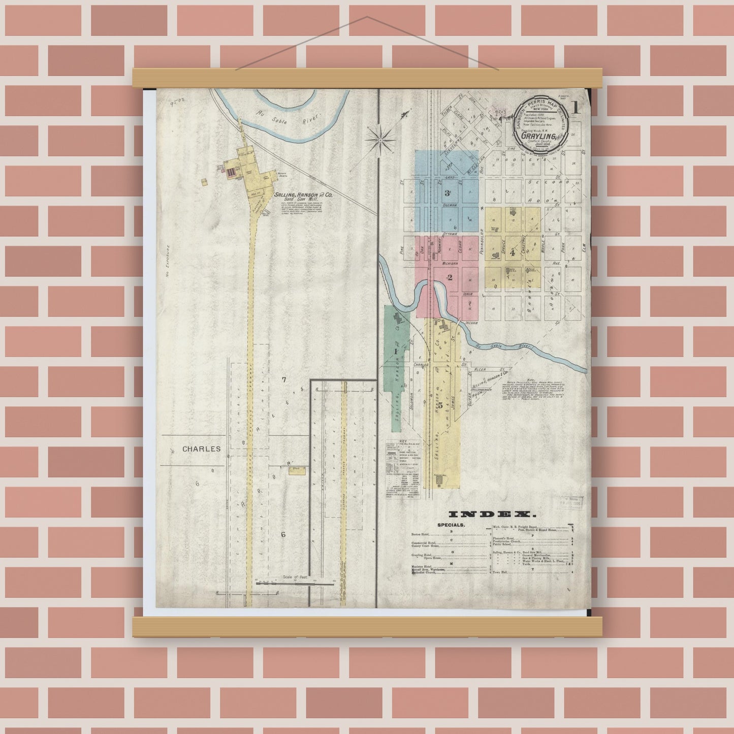 Old map wall art mockup — magnetic wood frame on brick wall — Sanborn Fire Insurance Map from Grayling, Crawford County, Michigan (1894) - Complete Map Set