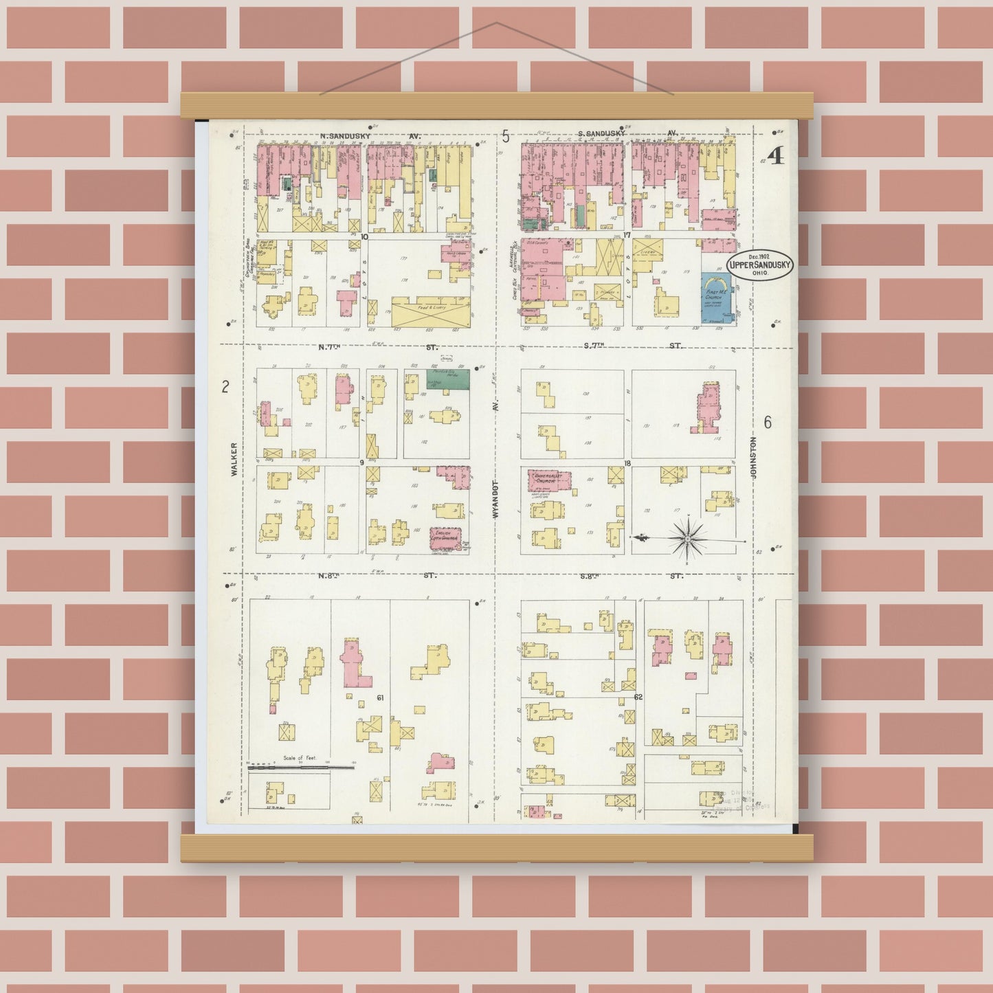 Old map wall art mockup — magnetic wood frame on brick wall — Sanborn Fire Insurance Map from Upper Sandusky, Wyandot County, Ohio (1902), Sheet #0004