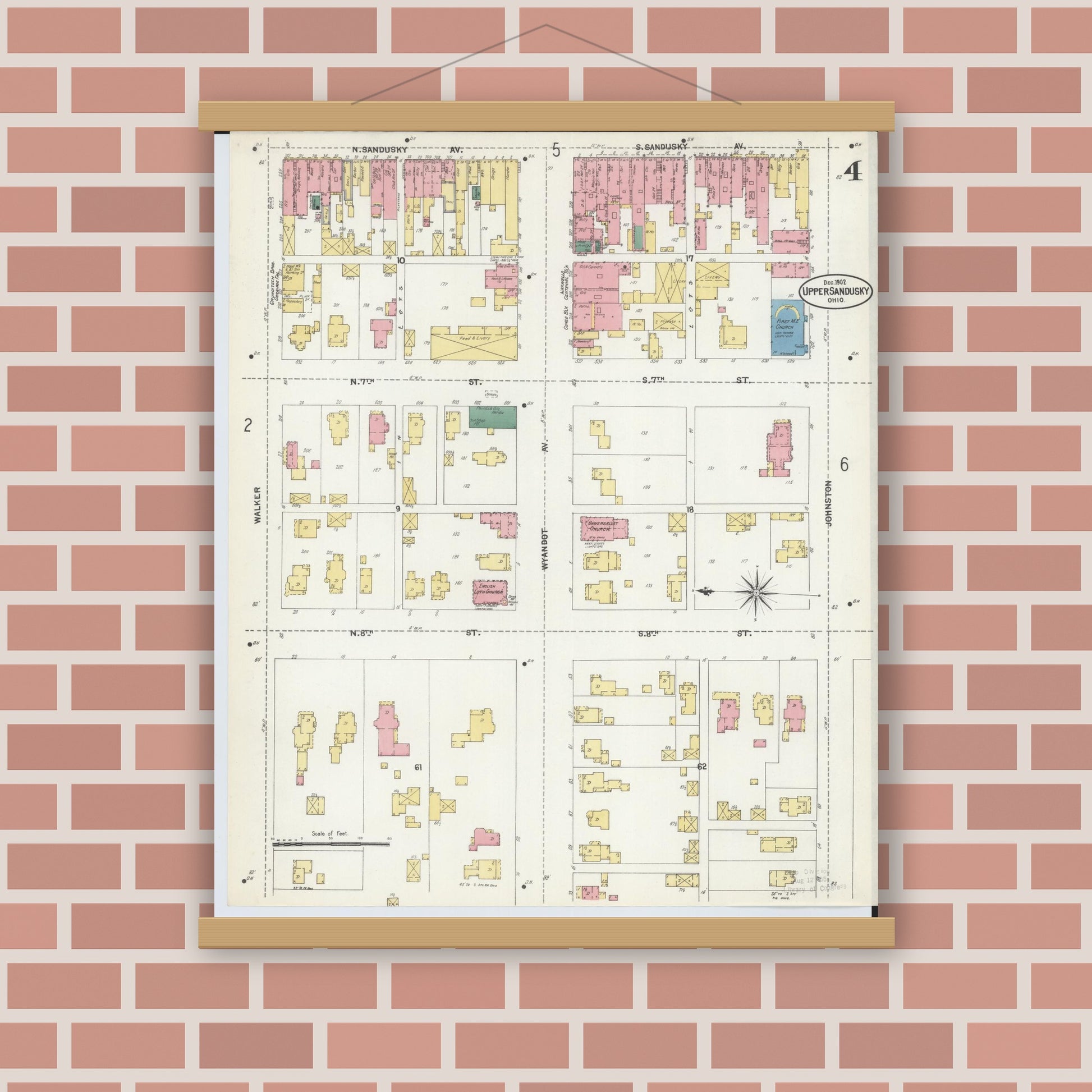 Old map wall art mockup — magnetic wood frame on brick wall — Sanborn Fire Insurance Map from Upper Sandusky, Wyandot County, Ohio (1902), Sheet #0004