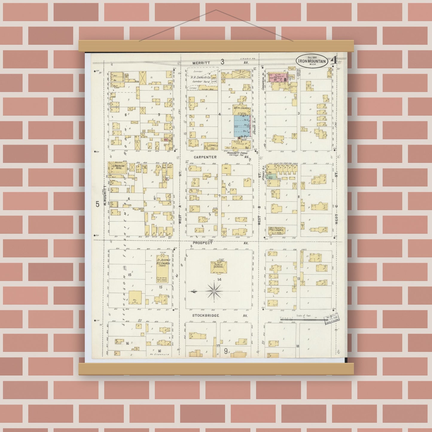 Old map wall art mockup — magnetic wood frame on brick wall — Sanborn Fire Insurance Map from Iron Mountain, Dickinson County, Michigan (1897), Sheet #0004