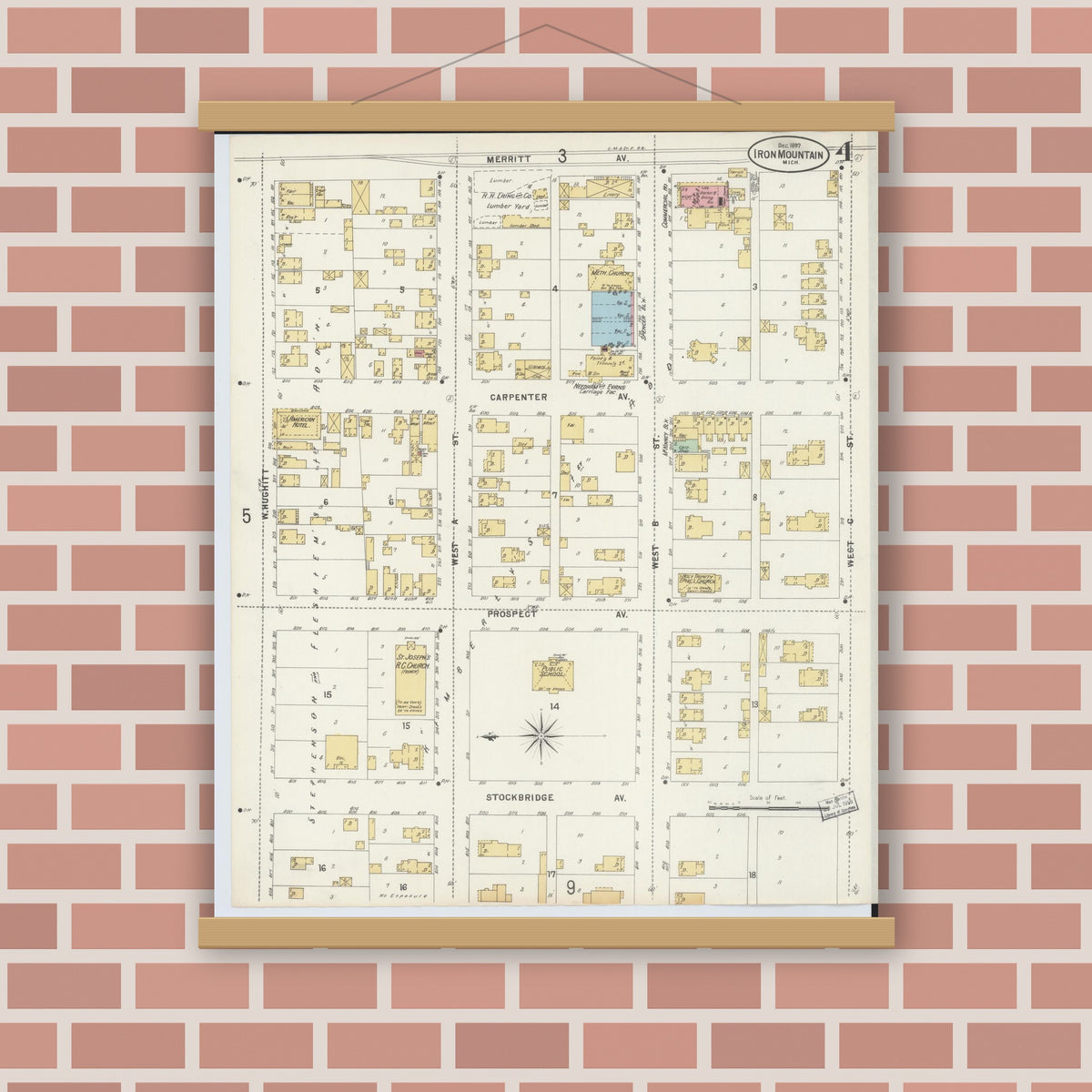 Old map wall art mockup — magnetic wood frame on brick wall — Sanborn Fire Insurance Map from Iron Mountain, Dickinson County, Michigan (1897), Sheet #0004