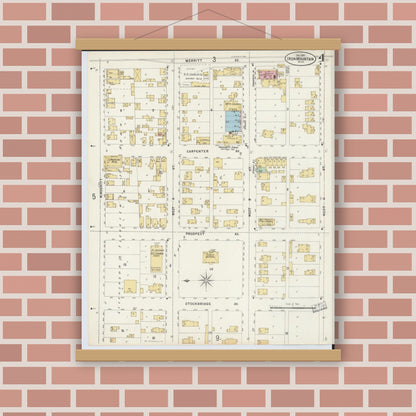 Old map wall art mockup — magnetic wood frame on brick wall — Sanborn Fire Insurance Map from Iron Mountain, Dickinson County, Michigan (1897), Sheet #0004