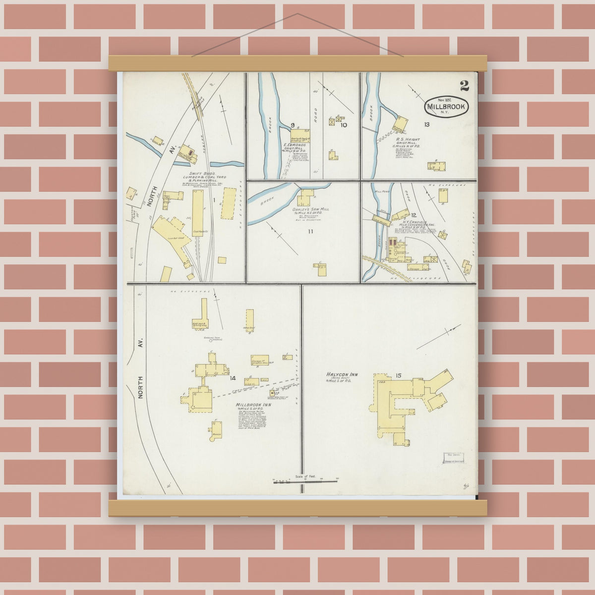 Old map wall art mockup — magnetic wood frame on brick wall — Sanborn Fire Insurance Map from Millbrook, Dutchess County, New York (1892), Sheet #0002