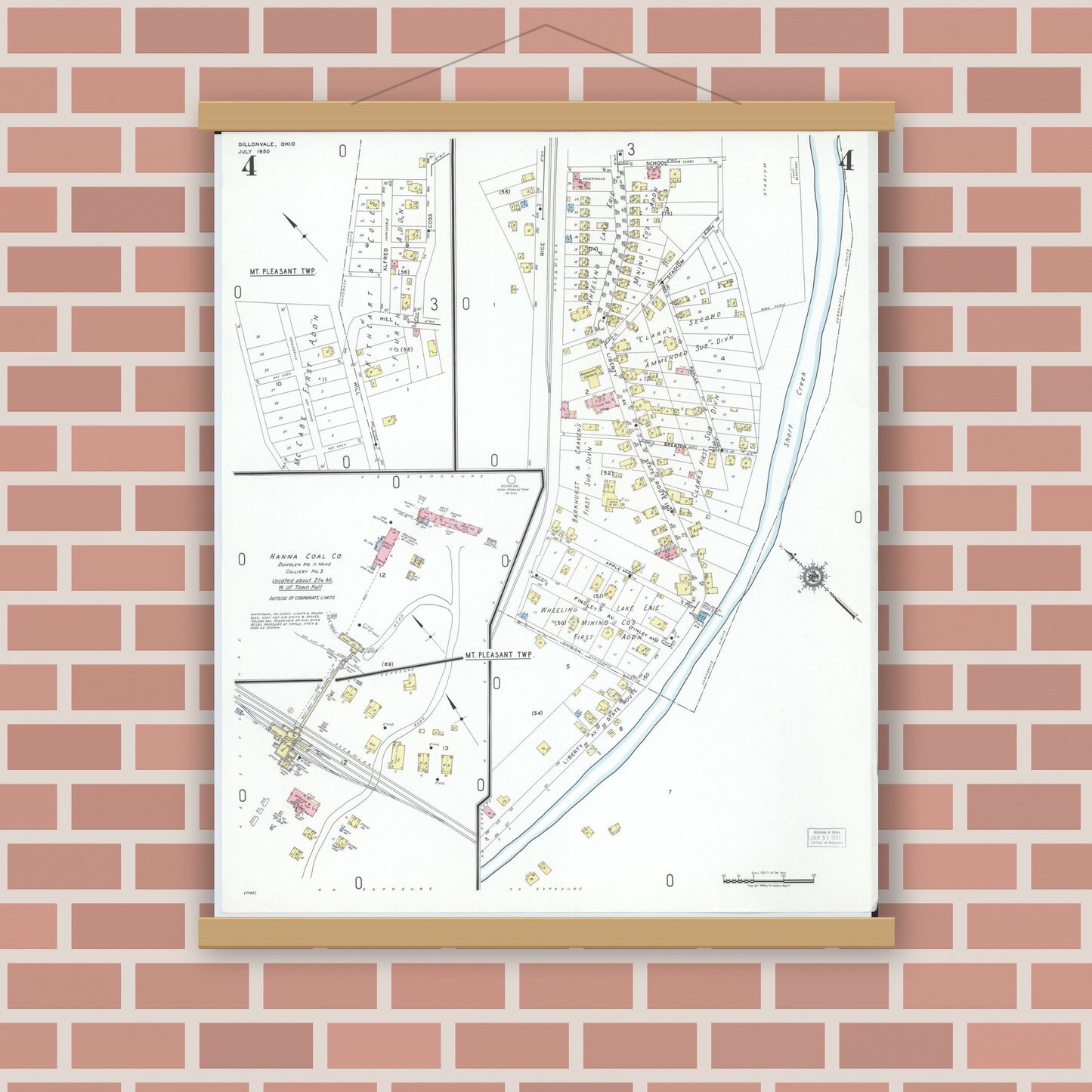 Old map wall art mockup — magnetic wood frame on brick wall — Sanborn Fire Insurance Map from Dillonvale, Jefferson County, Ohio (1950), Sheet #0004