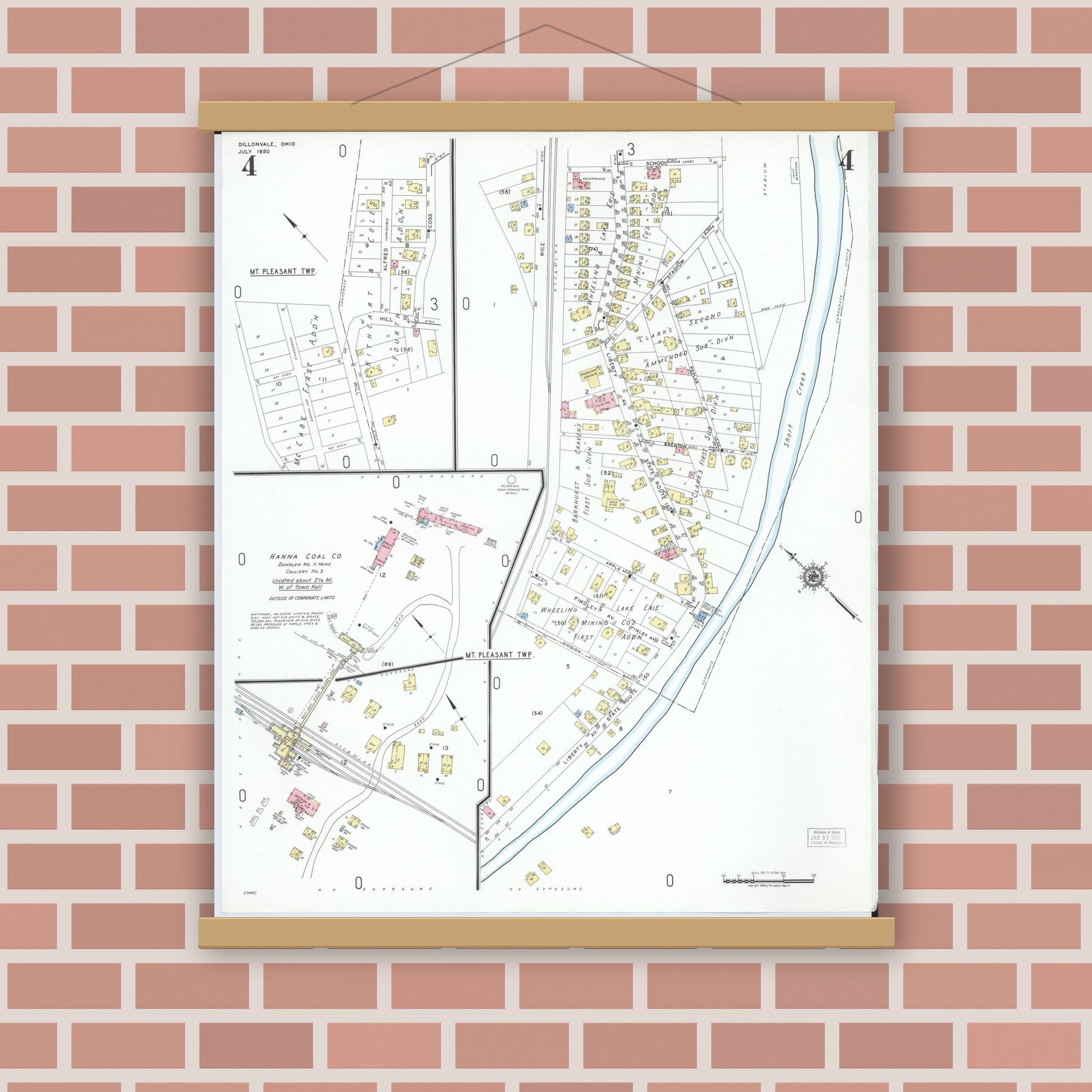 Old map wall art mockup — magnetic wood frame on brick wall — Sanborn Fire Insurance Map from Dillonvale, Jefferson County, Ohio (1950), Sheet #0004