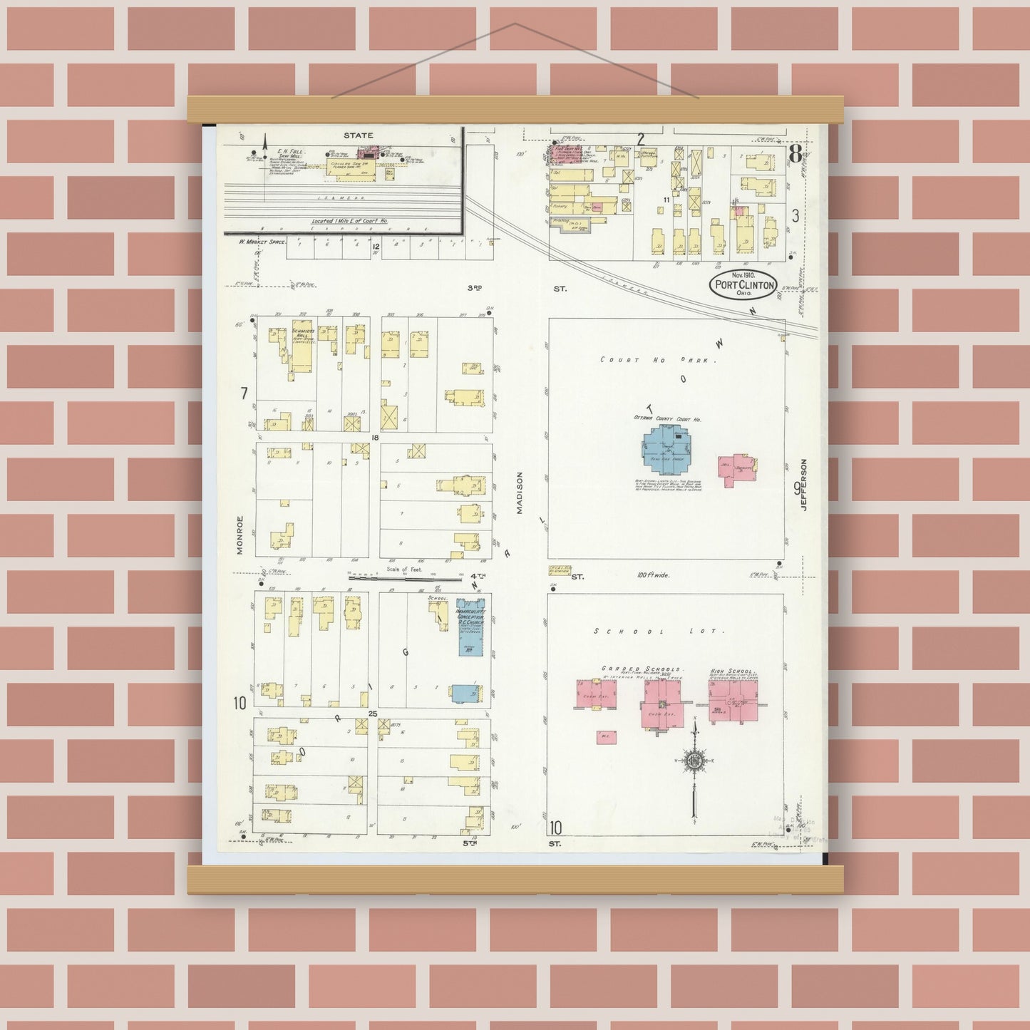 Old map wall art mockup — magnetic wood frame on brick wall — Sanborn Fire Insurance Map from Port Clinton, Ottawa County, Ohio (1910), Sheet #0008