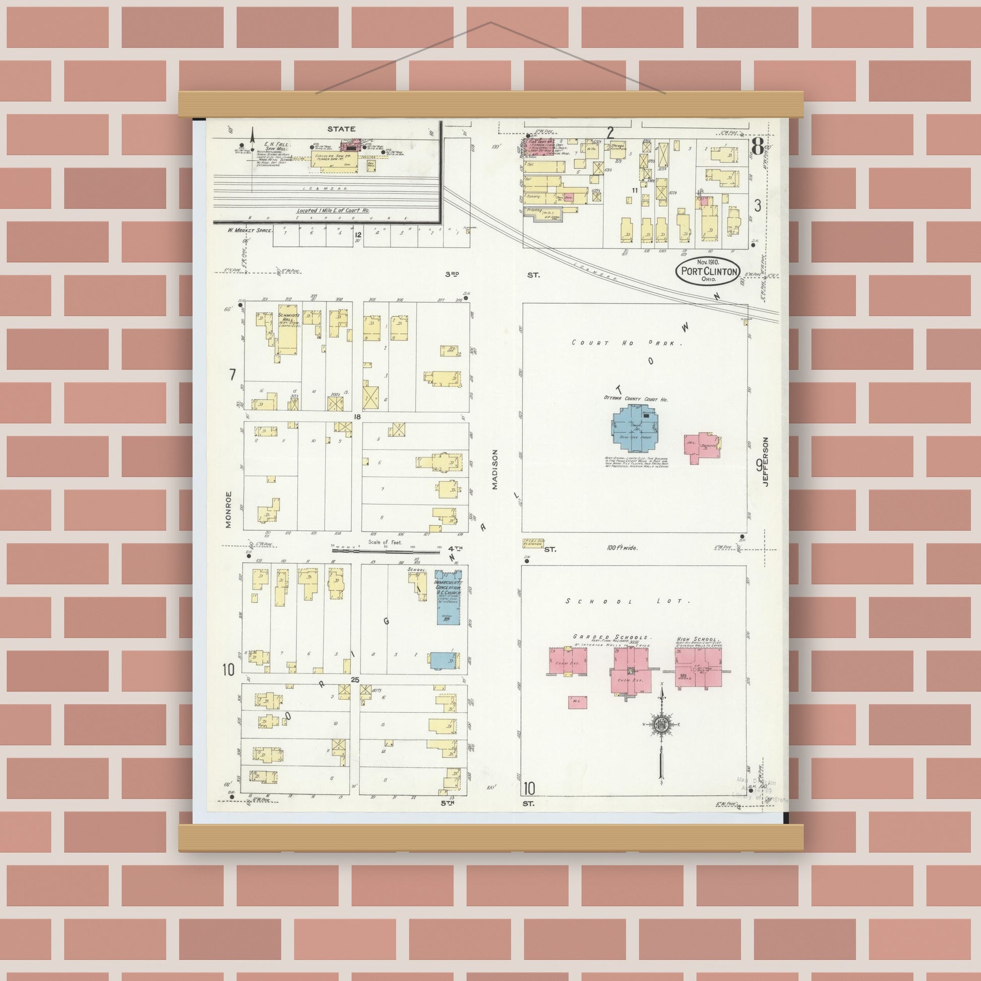 Old map wall art mockup — magnetic wood frame on brick wall — Sanborn Fire Insurance Map from Port Clinton, Ottawa County, Ohio (1910), Sheet #0008